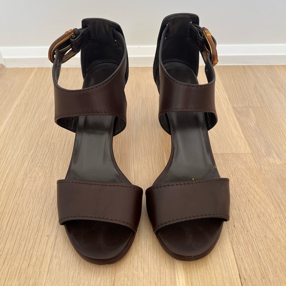 Gucci Shoes - Gucci Cocoa Brown Lifford Ankle Buckle Leather Sandal Heels [Size 8]
